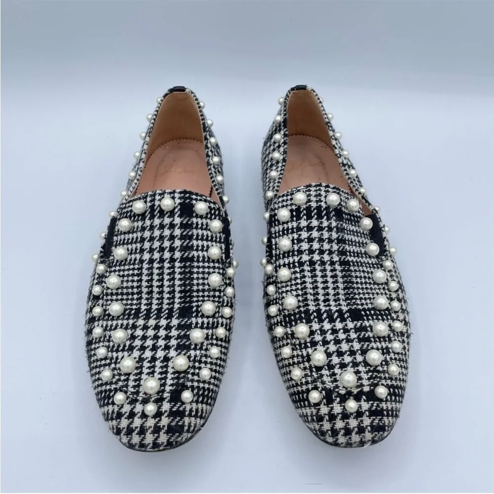 EUC J Crew Black and White Twwed Loafers with Faux Pearls - Picture 3 of 12